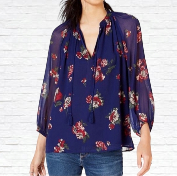 Lucky Brand Tops - Lucky Brand Blue Floral Boho Sheer Flowy Pop Over Blouse Size M